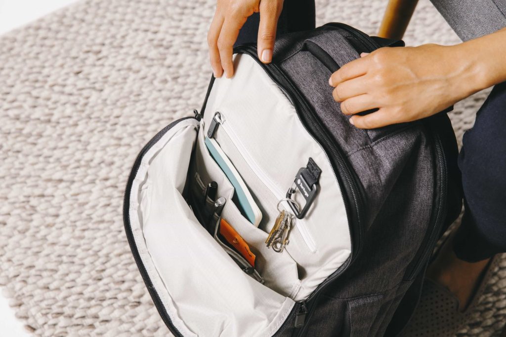 Front pocket of personal item backpack